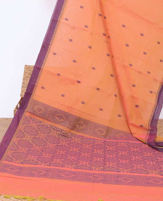 Orange kanchi cotton saree with buttas, contrast border & intricate pallu