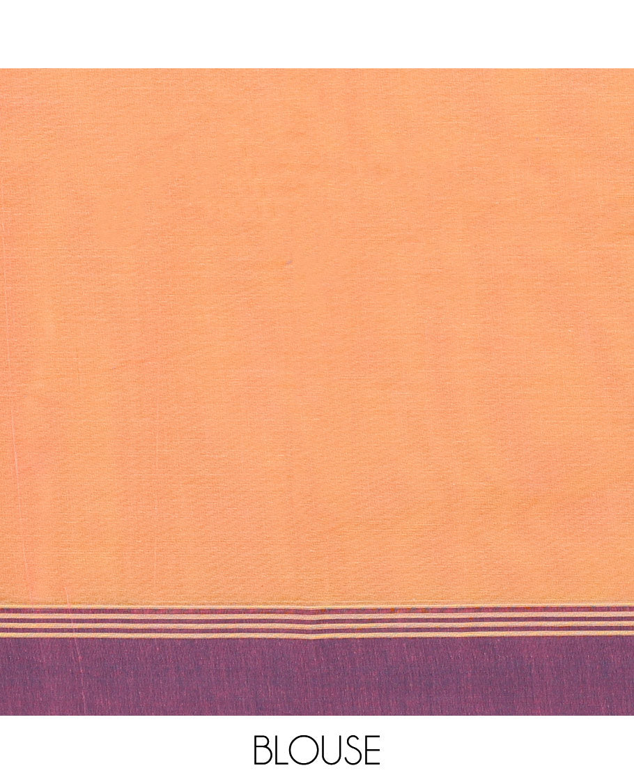 Orange kanchi cotton saree with buttas, contrast border & intricate pallu