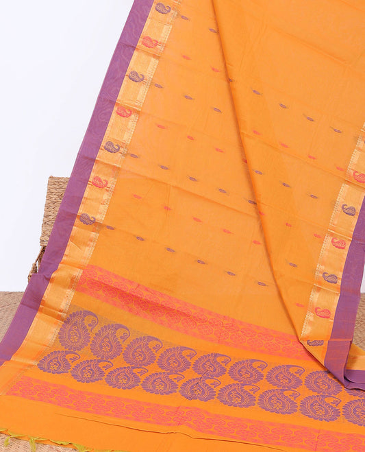 Orange kanchi cotton saree with buttas, contrast paisley design border & paisley design pallu