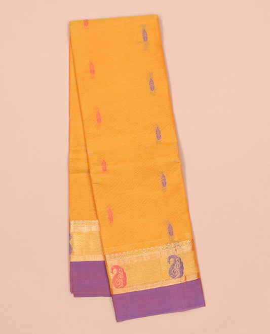 Orange kanchi cotton saree with buttas, contrast paisley design border & paisley design pallu