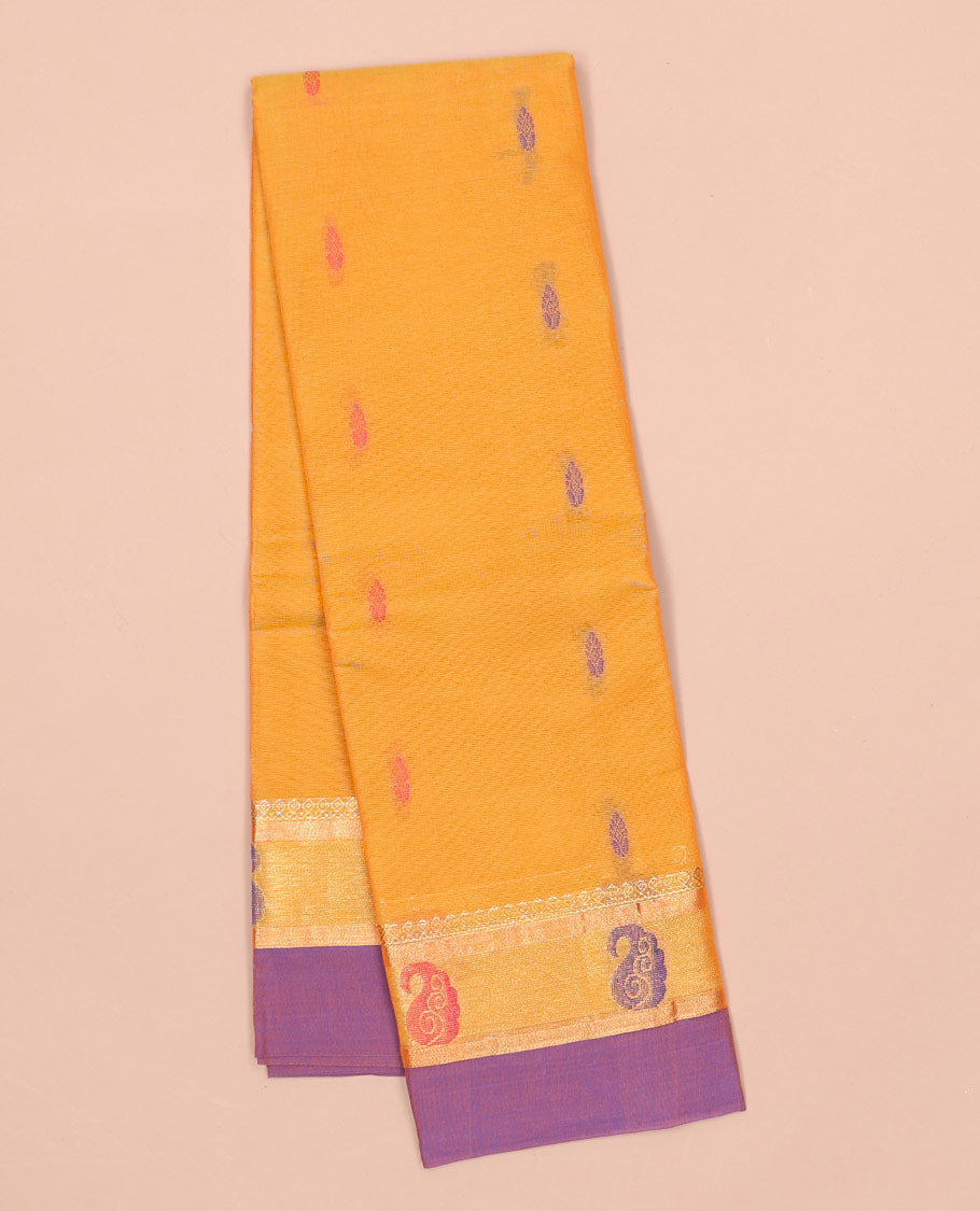 Orange kanchi cotton saree with buttas, contrast paisley design border & paisley design pallu