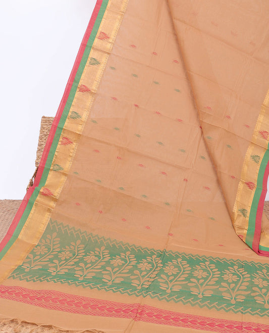 Brown kanchi cotton saree with buttas, contrast temple design border & floral design pallu
