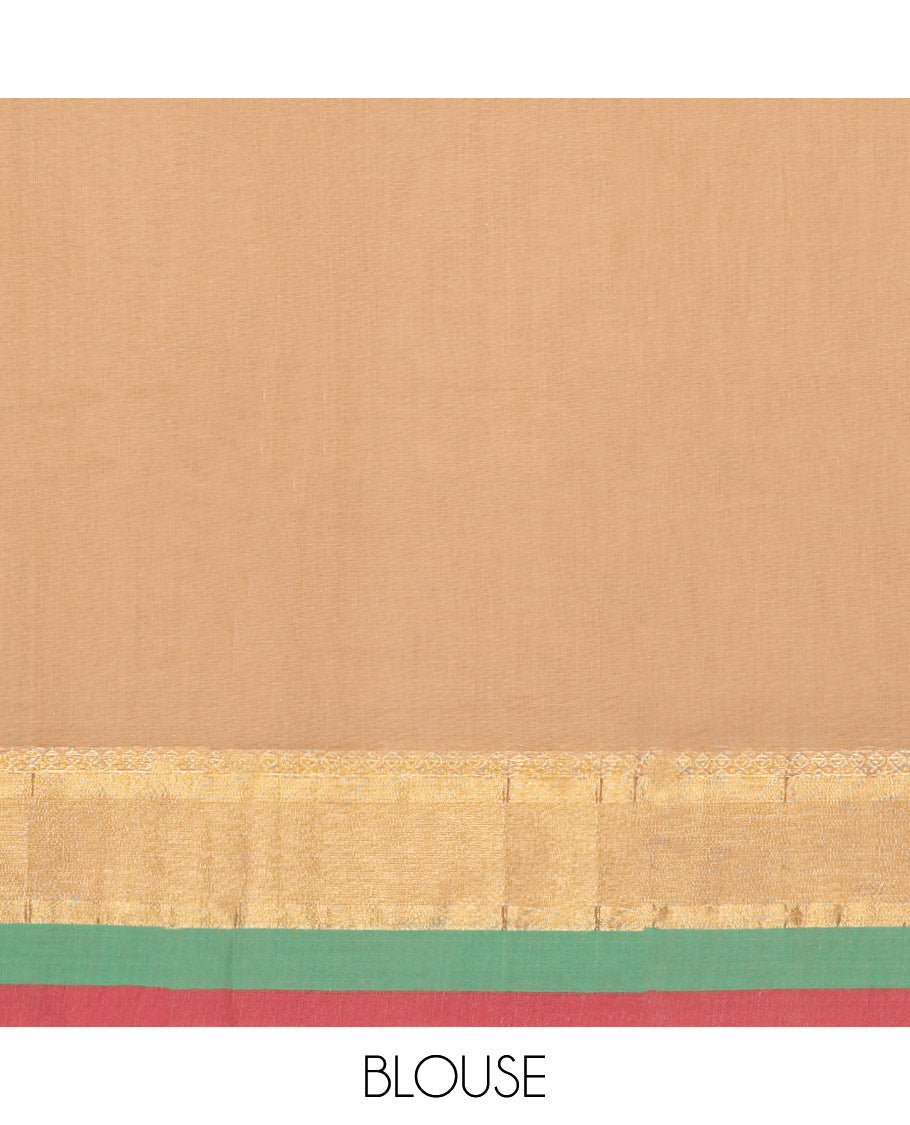 Brown kanchi cotton saree with buttas, contrast temple design border & floral design pallu