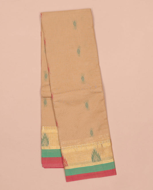Brown kanchi cotton saree with buttas, contrast temple design border & floral design pallu