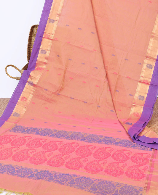 Pink kanchi cotton saree with buttas, contrast unique design border & paisley design pallu