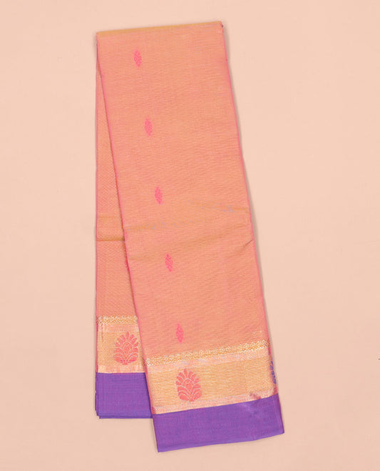 Pink kanchi cotton saree with buttas, contrast unique design border & paisley design pallu