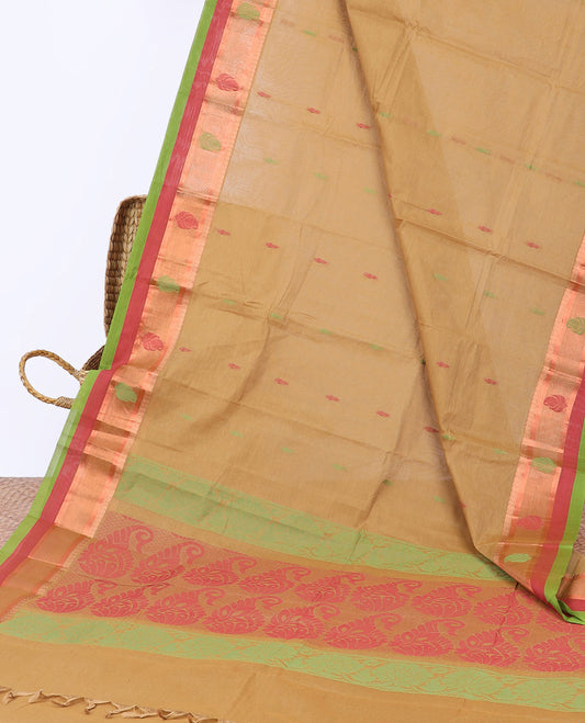 Sandal kanchi cotton saree with buttas, contrast unique design border & paisley design pallu