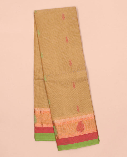 Sandal kanchi cotton saree with buttas, contrast unique design border & paisley design pallu
