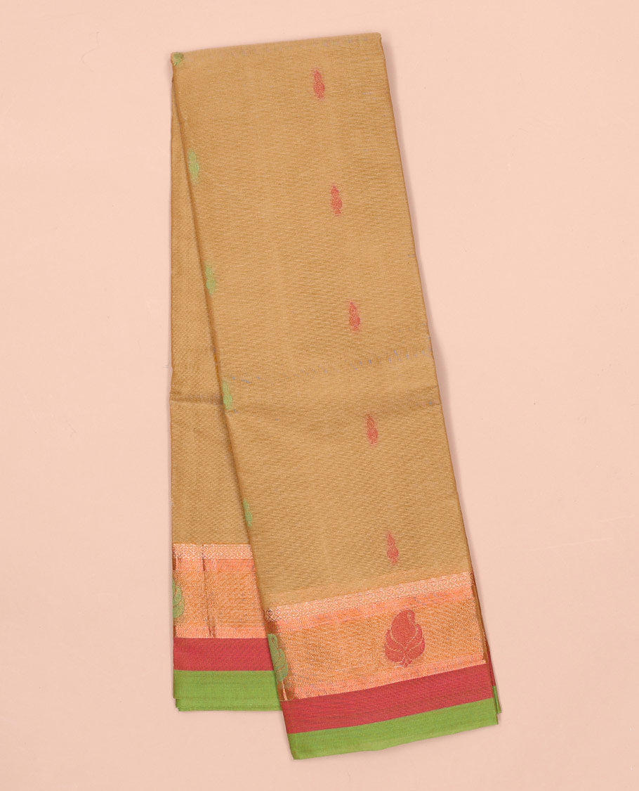 Sandal kanchi cotton saree with buttas, contrast unique design border & paisley design pallu