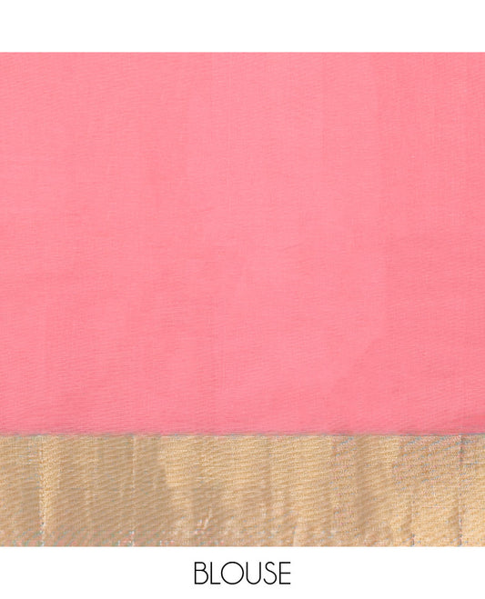 Pink kanchi cotton saree with buttas, contrast border & paisley design pallu