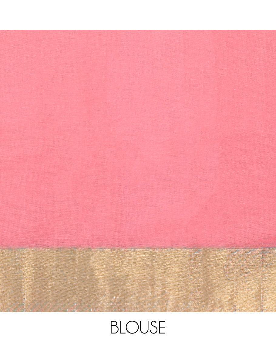 Pink kanchi cotton saree with buttas, contrast border & paisley design pallu