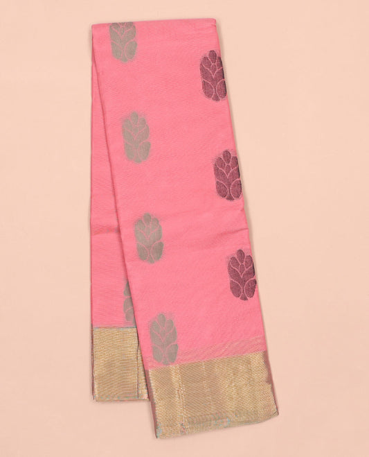 Pink kanchi cotton saree with buttas, contrast border & paisley design pallu