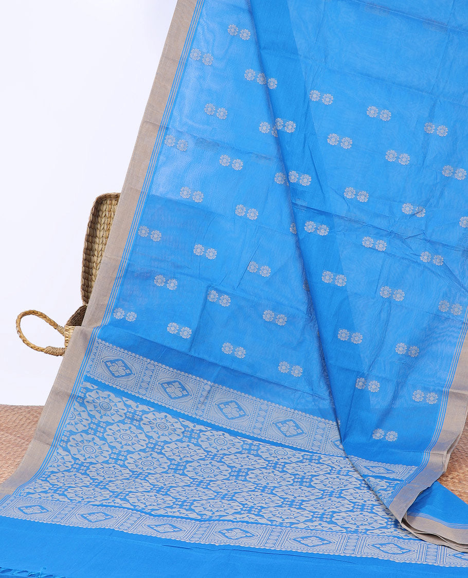 Blue kanchi cotton saree with flower buttas, contrast border & intricate pallu