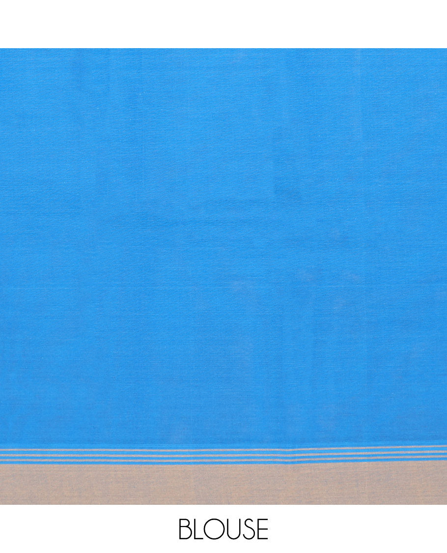 Blue kanchi cotton saree with flower buttas, contrast border & intricate pallu