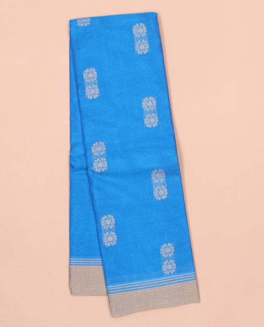 Blue kanchi cotton saree with flower buttas, contrast border & intricate pallu