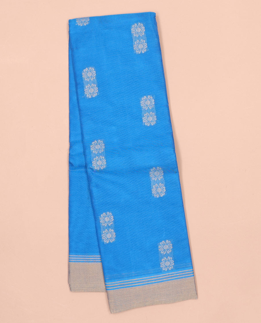 Blue kanchi cotton saree with flower buttas, contrast border & intricate pallu