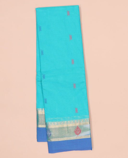 Blue Kanchi Cotton Saree with Buttas, Contrast Unique Design Border & Floral Design Pallu