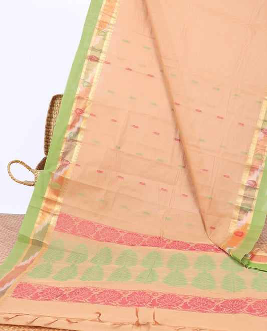 Sandal kanchi cotton saree with buttas, contrast unique design border & intricate design pallu
