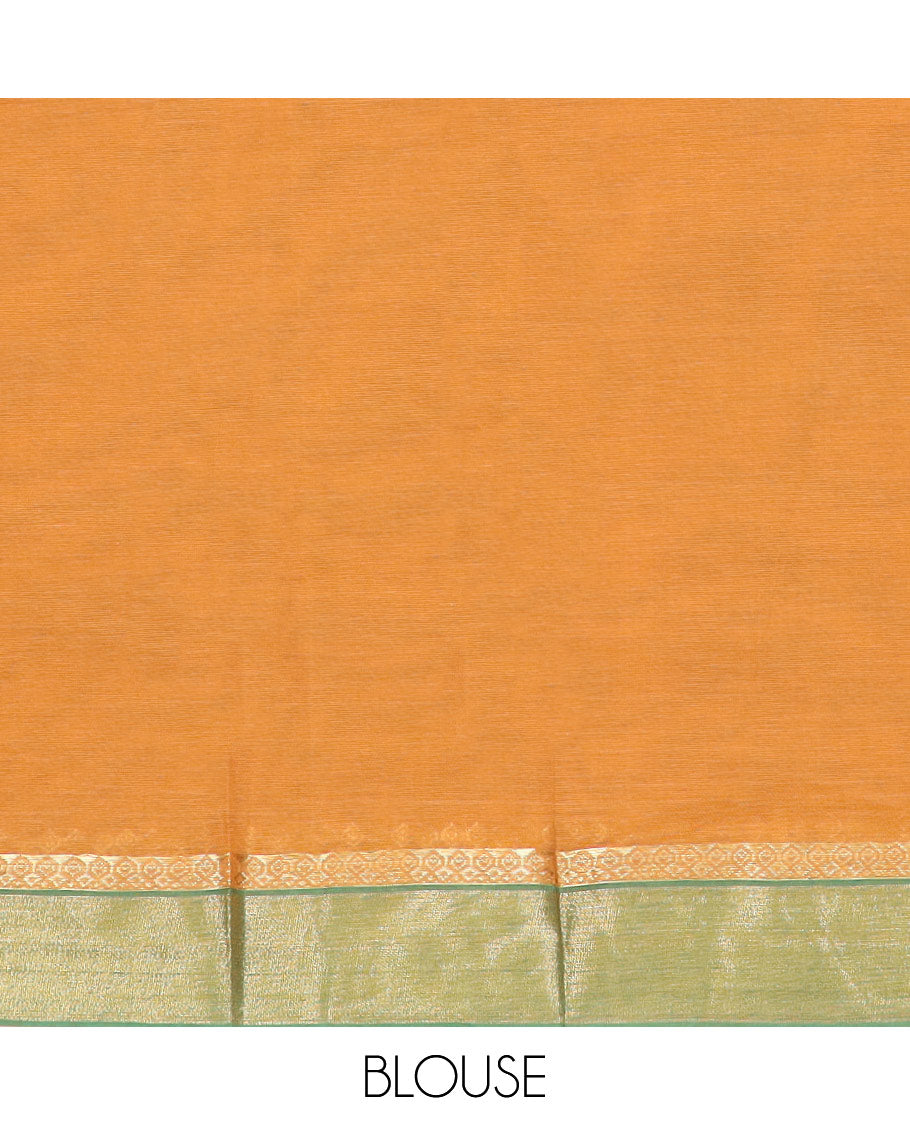 Orange kanchi cotton saree with buttas, contrast floral border & floral design pallu