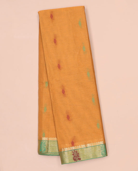 Orange kanchi cotton saree with buttas, contrast floral border & floral design pallu