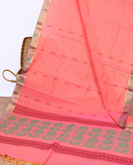 Pink kanchi cotton saree with buttas, contrast floral border & floral design pallu
