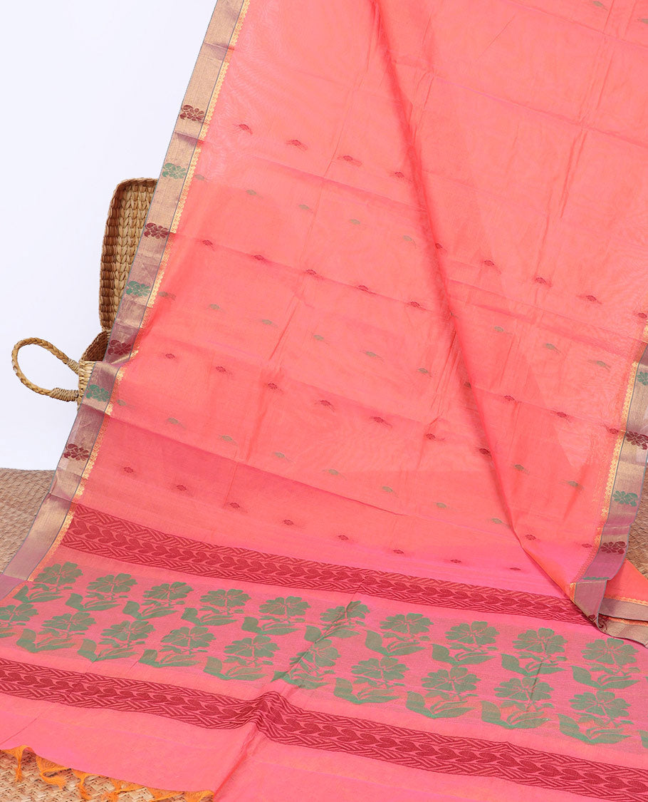 Pink kanchi cotton saree with buttas, contrast floral border & floral design pallu