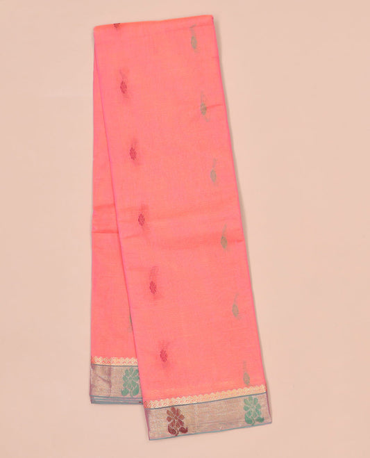 Pink kanchi cotton saree with buttas, contrast floral border & floral design pallu