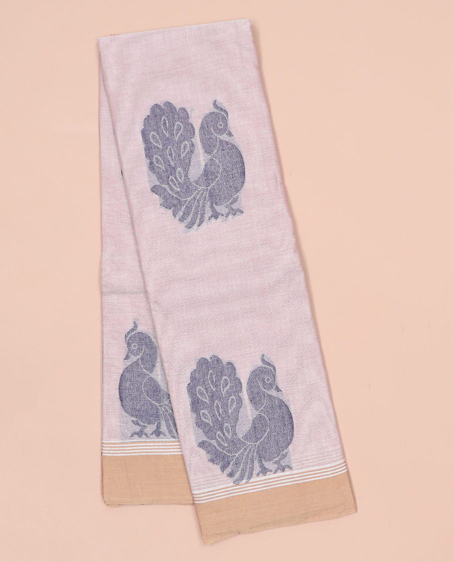 Beige kanchi cotton saree with peacock buttas, contrast border & floral design pallu