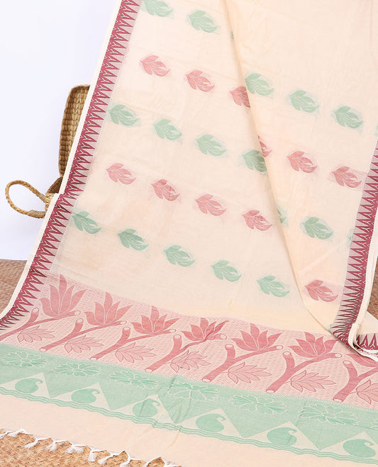Cream kanchi cotton saree with buttas, temple border & floral & paisley pallu