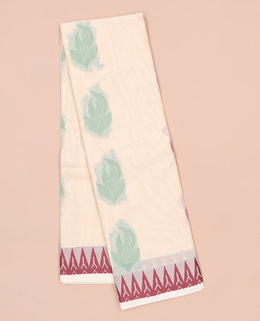 Cream kanchi cotton saree with buttas, temple border & floral & paisley pallu