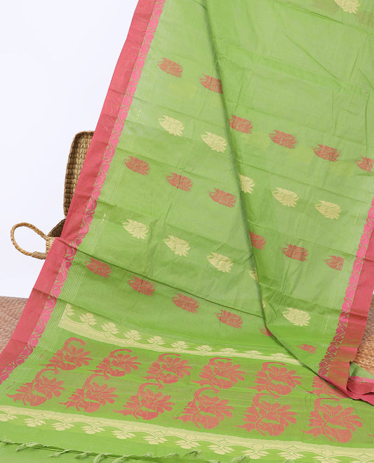 Green kanchi cotton saree with buttas, contrast border & floral design pallu