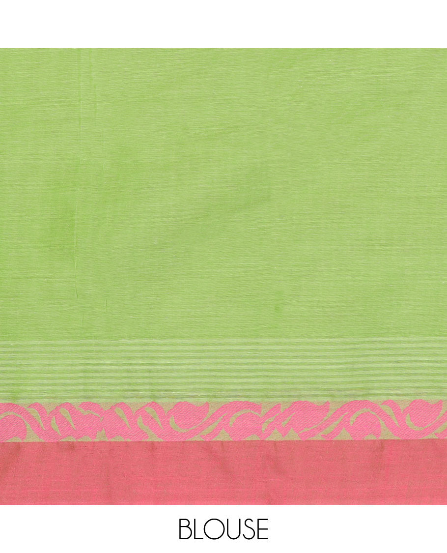 Green kanchi cotton saree with buttas, contrast border & floral design pallu