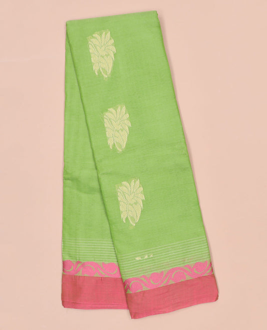 Green kanchi cotton saree with buttas, contrast border & floral design pallu