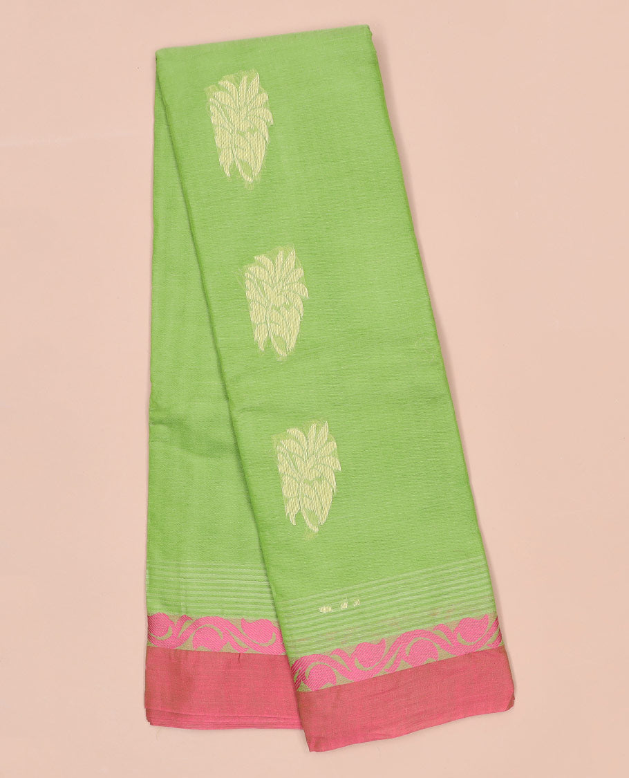 Green kanchi cotton saree with buttas, contrast border & floral design pallu
