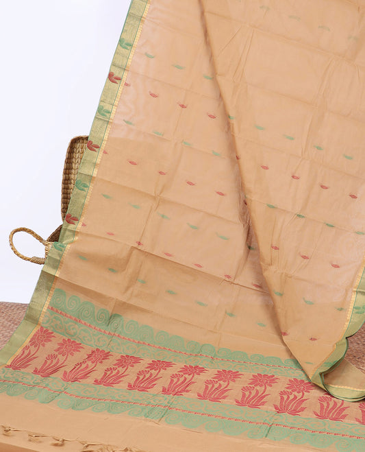 Sandal kanchi cotton saree with buttas, contrast leaf design border & floral design pallu