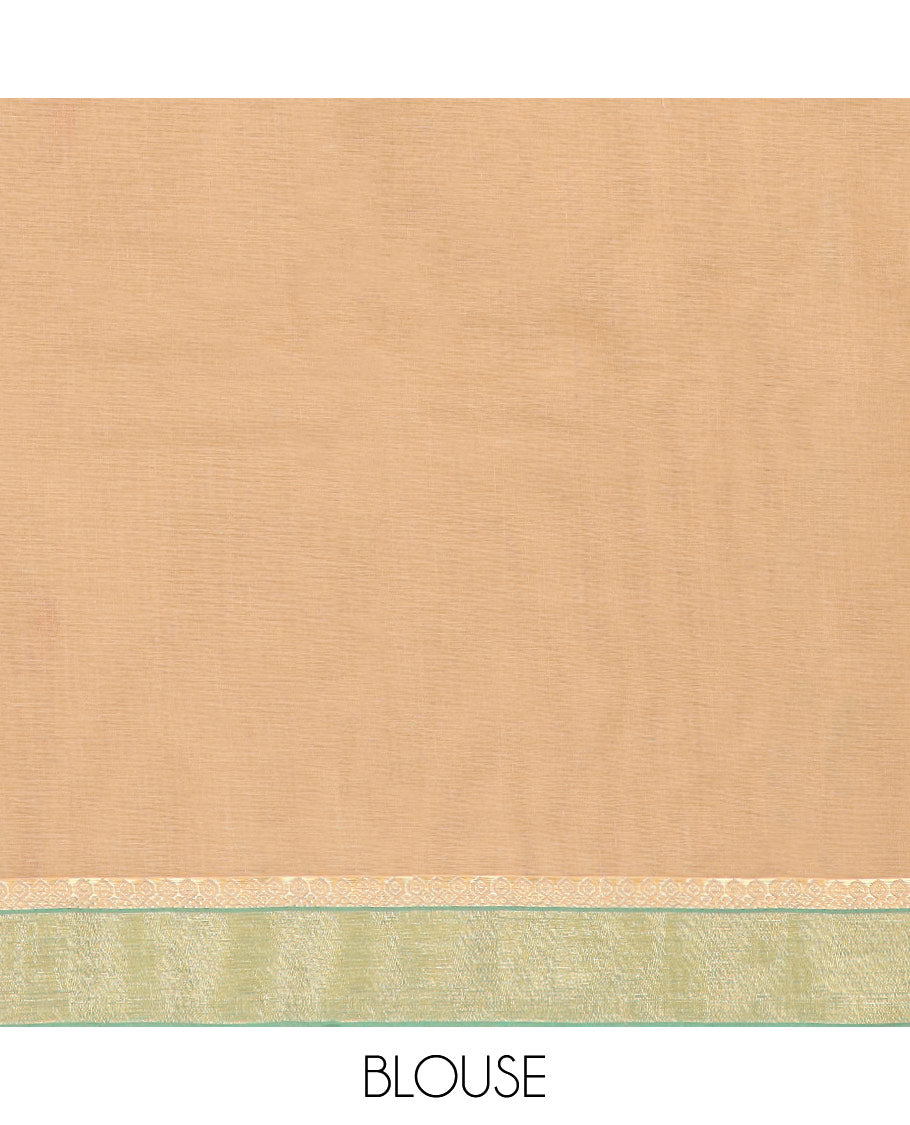 Sandal kanchi cotton saree with buttas, contrast leaf design border & floral design pallu