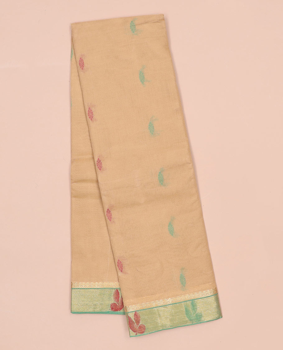 Sandal kanchi cotton saree with buttas, contrast leaf design border & floral design pallu
