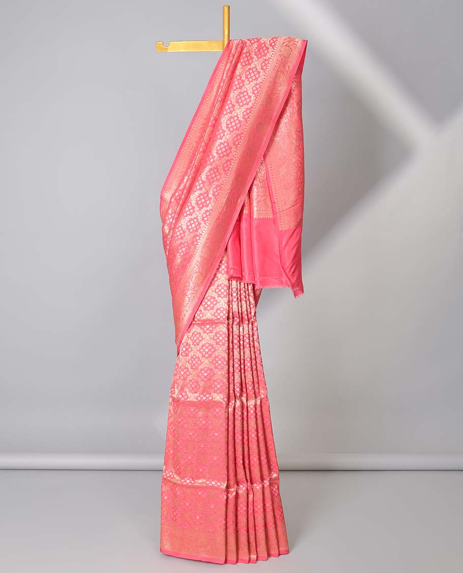 Pink jaal jacquard banarasi silk saree, floral creeper border & floral jaal pallu