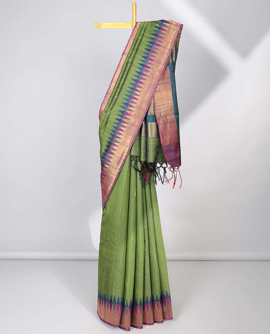 Green dupion saree with buttas, contrast vidarbha border & traditional design pallu