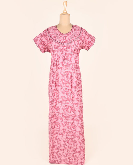 Pink leaf printed & lace work round-neck half-sleeve button-type nighty