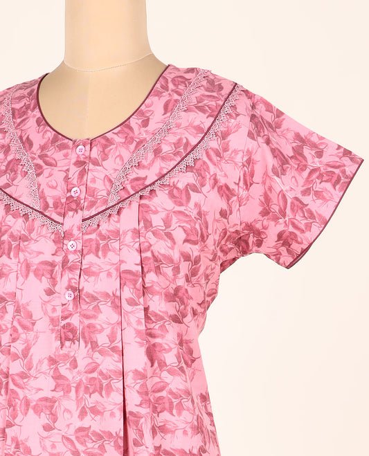 Pink leaf printed & lace work round-neck half-sleeve button-type nighty