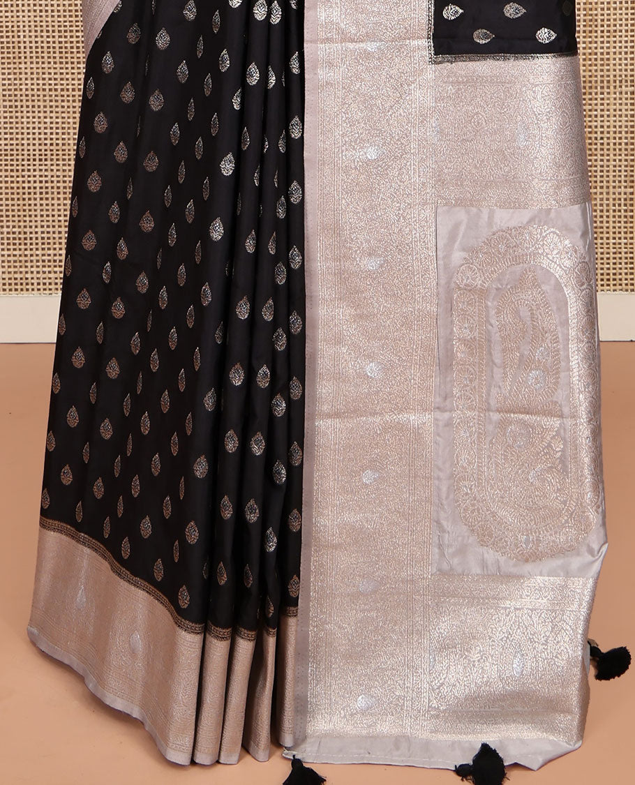 Black Dupion Silk Saree, Beautifully Bedecked with Zari Buttas, Complemented by a Contrast Zari Border, Intricately Designed Pallu, and Has a Contrast Blouse