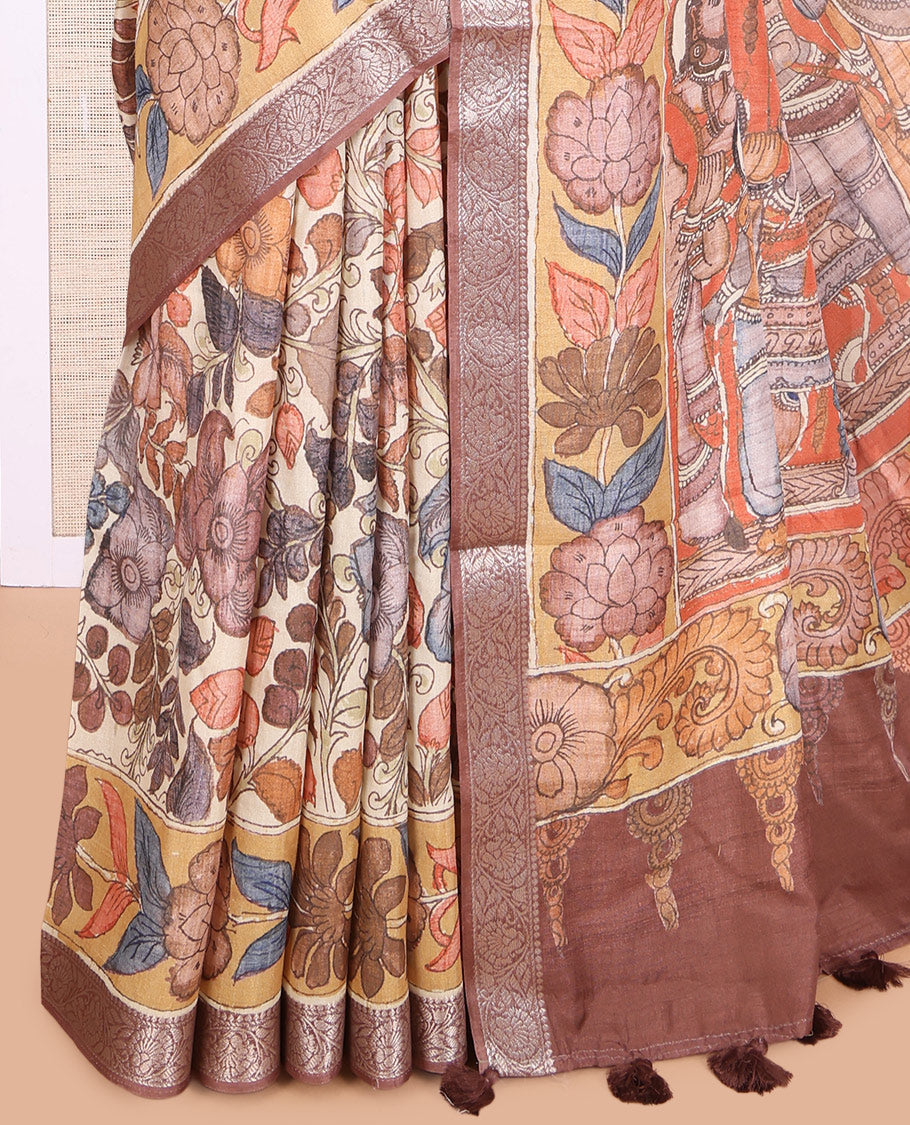 Off-White Kalamkari Printed Fancy Tussar Saree