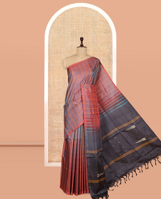 Borderless Maroon Striped Banana Pith Saree, Woven with Buttas, a Contrast Pallu of Stripes and Buttas, and a Contrast Blouse