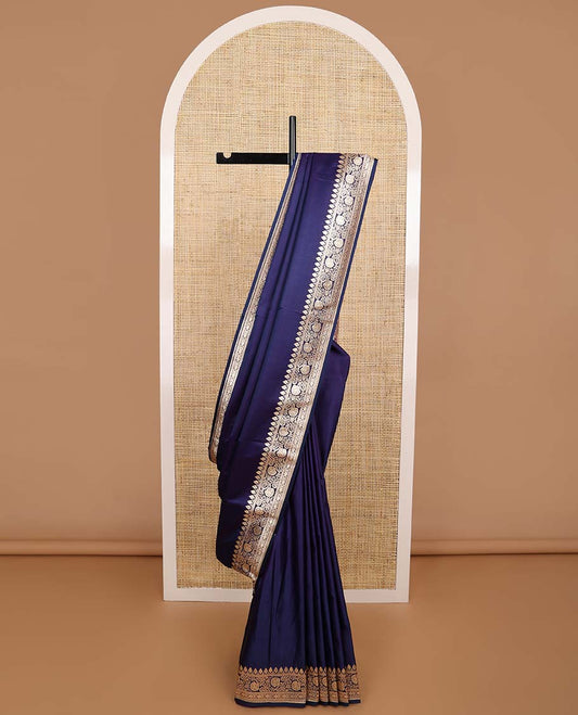 Dark blue semi banaras nylon saree with self floral design border & floral design pallu