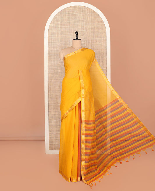 Orange Plain Andhra Cotton Saree Featuring Temple Zari Border, Contrast Striped Pallu, and a Contrast Blouse