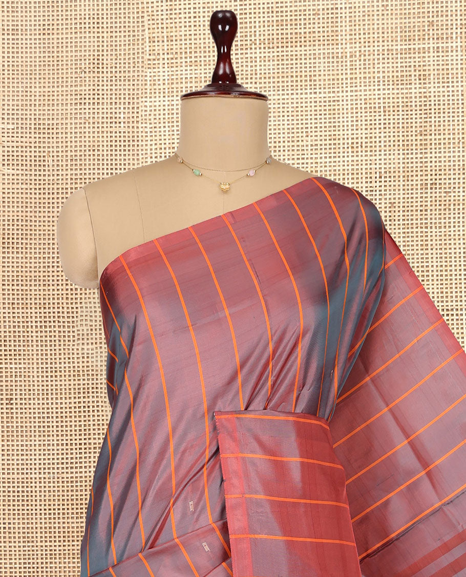 Borderless Maroon Striped Banana Pith Saree, Woven with Buttas, a Contrast Pallu of Stripes and Buttas, and a Contrast Blouse