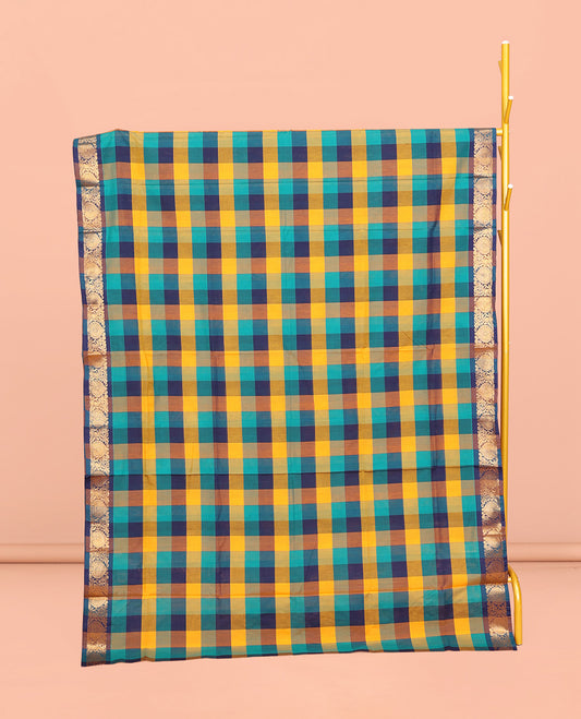 Multi-Color Chettinad Cotton Saree, Decorated with Checks, Highlighted by Intricately Designed Border, Striped Pallu, and No Blouse