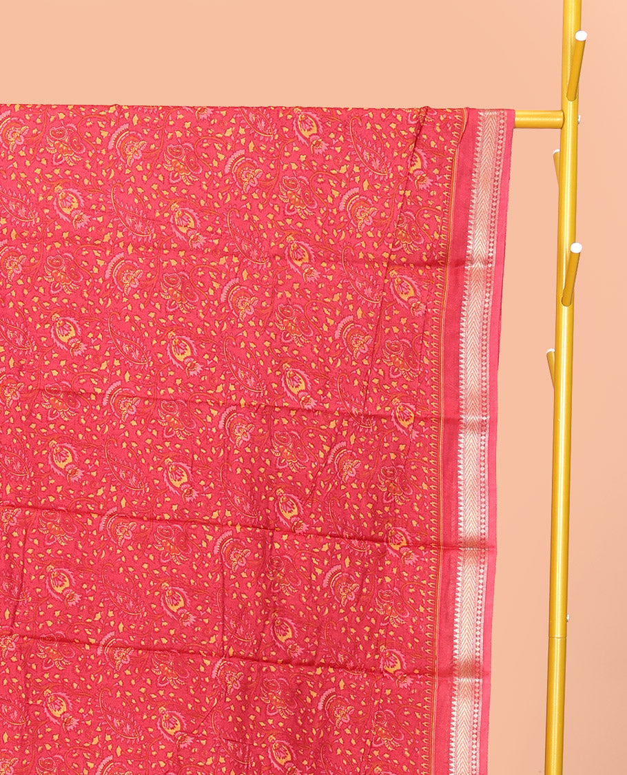 Red Mul Mul Cotton Saree Featuring a Floral-Paisley Print, a Subtle Traditional Border, a Floral-Printed Pallu, and a Matching Blouse