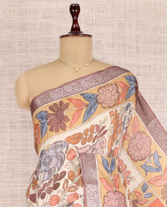 Off-White Kalamkari Printed Fancy Tussar Saree